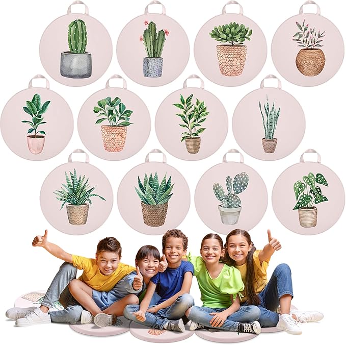 Suzile 12 Pcs Cartoon Kids Floor Cushions for Classroom, Round Flexible Seating with Handle, Soft Waterproof Floor Pillow with 12 Cute Styles for Home Daycare Preschool Kindergarten (Plant)