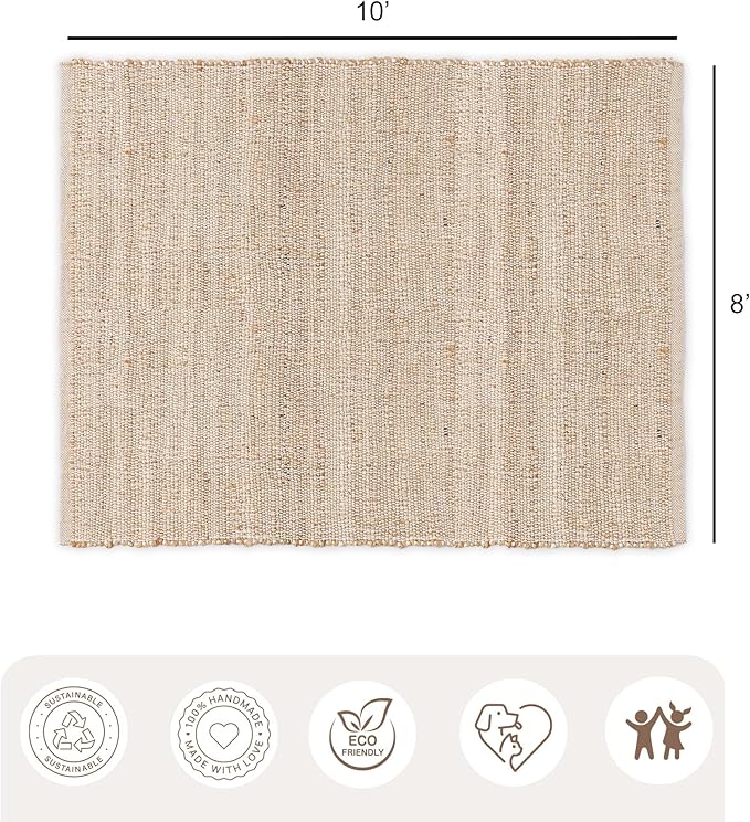 · REDEARTH · Jute Cotton Area Rug - 8'x10' Rectangular Rug, Sustainable Handwoven, Non-Shedding, Soft & Durable – Reversible, Neutral Tones for Home Décor in Living Room, Dining Room, Bedroom
