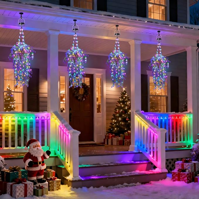 Lighted Artificial Flowers Basket for Hanging: Handmade Rattan Hanging Basket with Light up Fake Flowers for Porch Garden - 2 Pack Cone Fowers Basket with Solar Lights for Wedding Party Home Decor