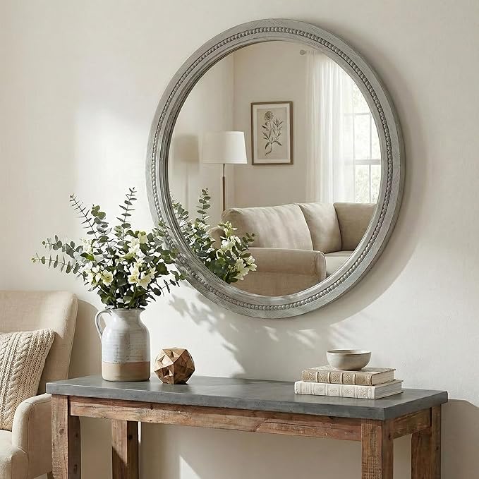 30 Inch Round Farmhouse Mirror for Bathroom Vanity, Distressed Grey Solid Wood Wall Mirror - Rustic Weathered Gray Beaded Circle Mirror for Industrial Decor