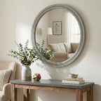 30 Inch Round Farmhouse Mirror for Bathroom Vanity, Distressed Grey Solid Wood Wall Mirror - Rustic Weathered Gray Beaded Circle Mirror for Industrial Decor
