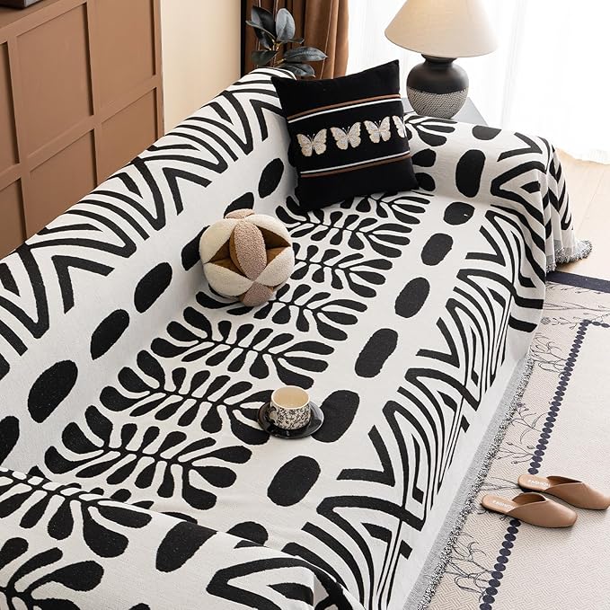 VClife Bohemian Couch Cover Western Aztec Sofa Cover for 3-4 Cushion Couch Sofa Washable Chenille Sofa Slipcover Boho Non Slip White Black Geometric Couch Slip Cover for Sectional Sofa 71''x150''