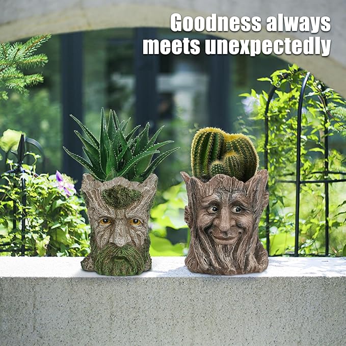 Face Planter - Unique Old Man Tree Face Planters for Outdoor Indoor Plants with Drainage Hole, Funny Plant Pots for Succulents - Creative Flower Pots as Gifts for Women and Men (Green Man)