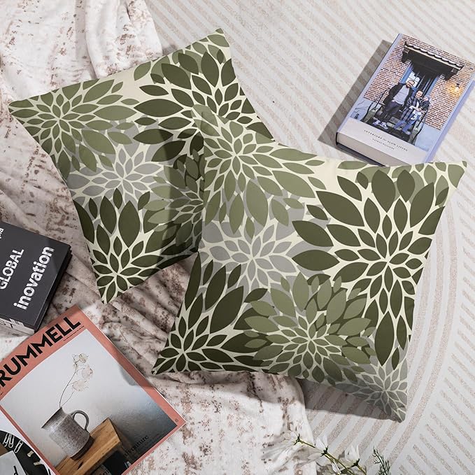 Olive Green Grey Gray Pillow Covers 24X24 Inch Set of 2, Dahlia Flower Spring Summer Floral Cream Decorative Throw Pillow Covers Outdoor Modern Farmhouse Cushion Case for Home Couch Sofa Bed Decor