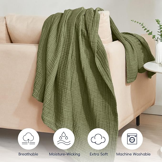 PHF 100% Cotton Muslin Throw XL Blanket Large 50" x 70", 4-Layer Lightweight Gauze Throw, Breathable Cloud-Soft Minimalist Blanket for Bed, Couch, Camping & Baby, Olive Green, Ideal Gift