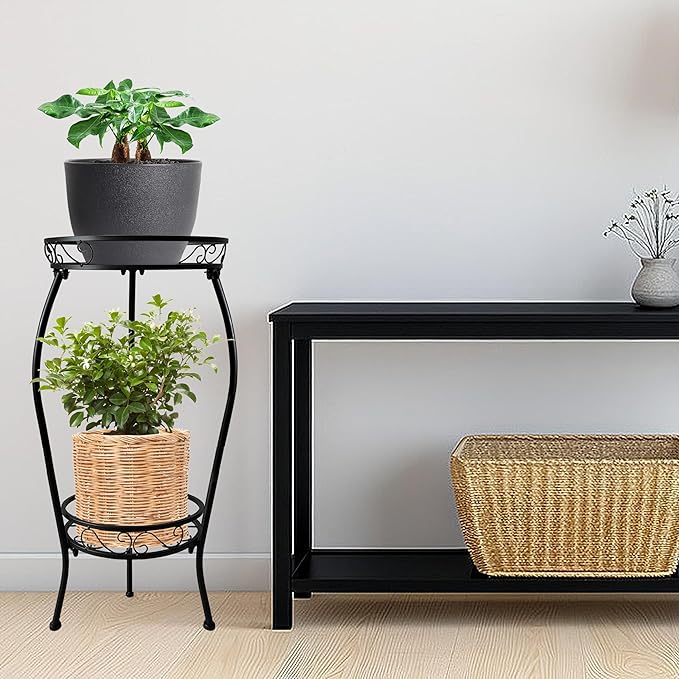 Metal Plant Stand 2 Tier Indoor Outdoor, Tall Flower Pot Shelf Rustproof Stable Heavy Duty Corner Stand, 28 inch Multiple Plant Display Rack for Living Room Patio Balcony Garden