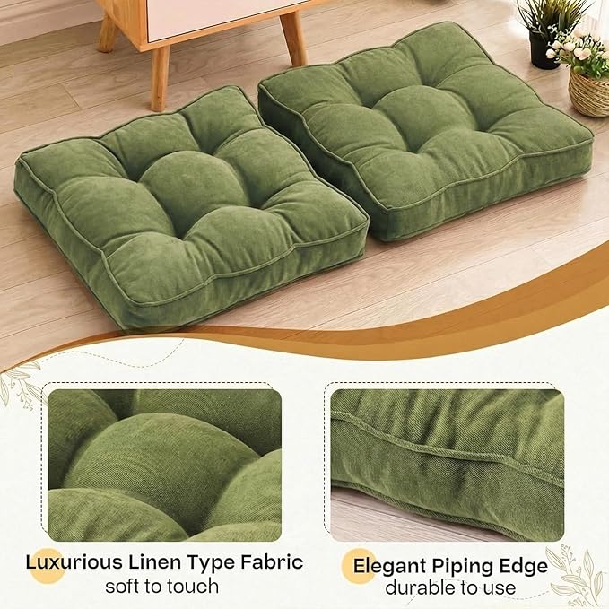 Floor Pillow Set of 2, Memory Foam Floor Cushions for Adults, Large Meditation Pillow for Sitting, 22 x 22 Inches (Square | Green)