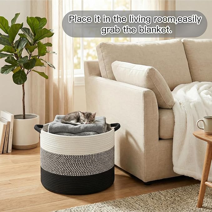 70L Large Cotton Rope Basket, Decorative Woven Blanket Storage for Living Room, Boho Toy Storage & Toy Box for Kids, Versatile Laundry Basket & Nursery Hamper for Blankets(Black)