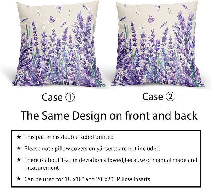 Kawani Spring Summer Floral Pillow Covers 16X16 Inch Purple Lavender Butterfly Flowers Decorative Pillow Cases Set of 2 Seasonal Holiday Throw Pillows Farmhouse Home Decor for Sofa Couch Cushion