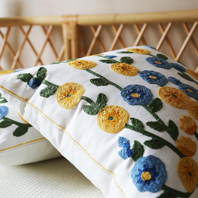 Embroidered Throw Pillow Cover, Linen Decorative Flowers Pillow Covers with Zipper for Couch Sofa Bed Living Bedroom, Pack of 2 Square Floral Pillowcase Covers with Patterned 18x18 Inch