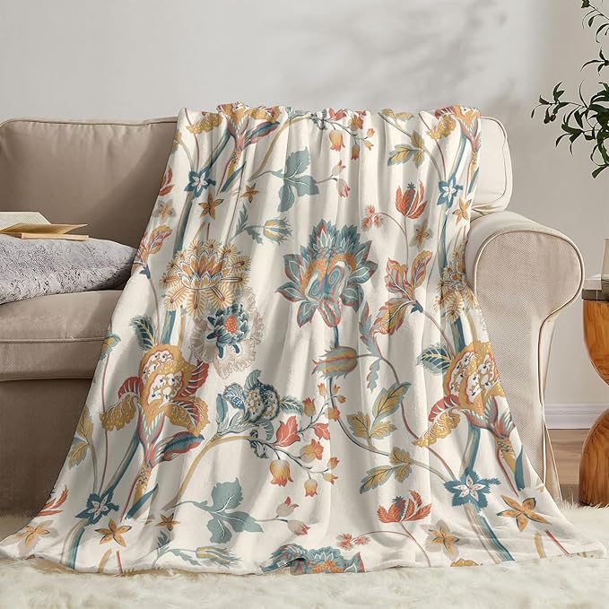 Boho Floral Throw Blanket, Bohemian Soft Cozy and Warm Couch Blankets Gift for Flower Lover, Decorative Blankets for Sofa Couch Bed, White Green 50×60 inches