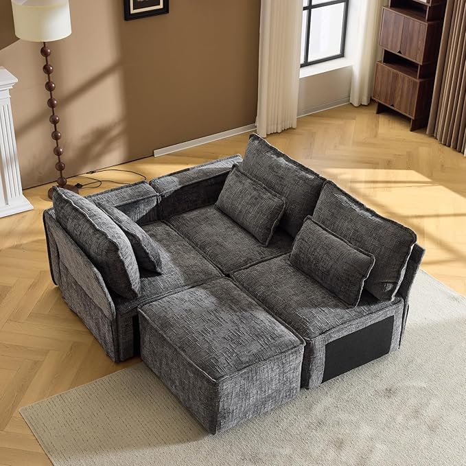 VINGLI 111" Convertible Modular Sectional Sofa,Comfortable L Shaped Reversible Couch with Ottoman, Removable 3 Seater Boneless Modern Couch, Durable Chenille Cloud Sofa for Living Room,Grey