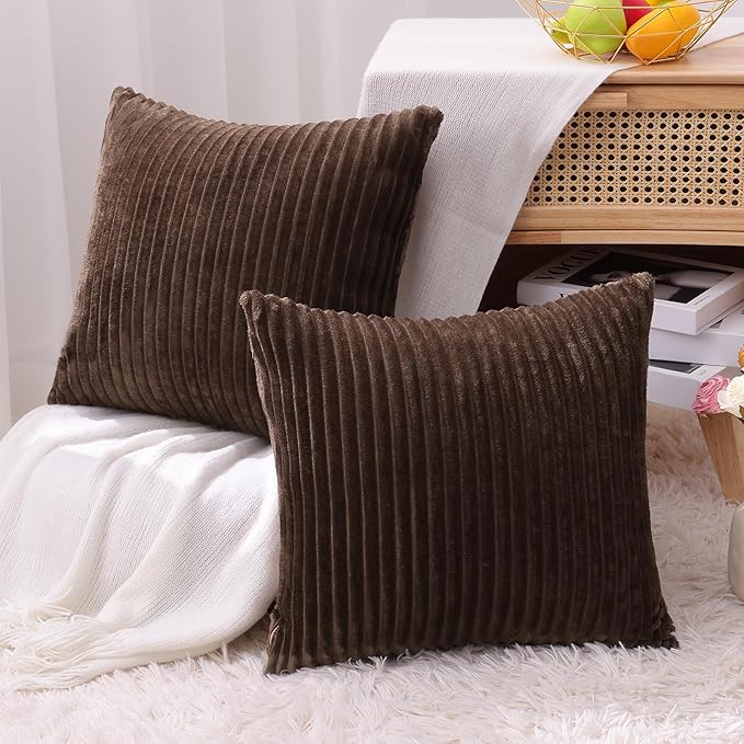 Simmore Decorative Spring Euro Sham Throw Pillow Covers 22x22 Set of 2, Soft Natural Plush Flannel Double-Sided Fluffy Couch Pillow Covers for Sofa Living Room, Brown
