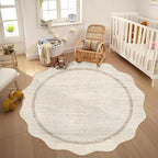GarveeHome Scalloped Round Area Rugs, Washable Small Round Rug 3 ft Non-Slip Nursery Rug, Christmas Soft Solid Beige Circle Low Pile Stain Resistant Carpet for Bedroom Entryway Kitchen Bathroom