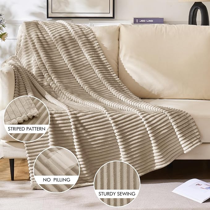 MIULEE Linen Throw Blanket 3D Ribbed Jacquard Fleece Flannel Velvet Plush Decorative Bed Blanket (Throw, 50" x 60") - Super Soft, Lightweight, Warm and Cozy for Couch Sofa