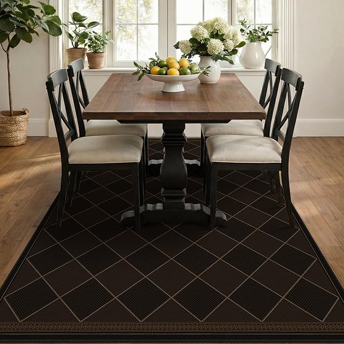 Large Dark Brown Checkered Easy Jute Outdoor Area Rug 5x7, Boho Diamond Geometric Pattern Non-Slip Living Room Patio Rug Indoor, Low Pile Stain Resistant Boho Decor Carpet for Dining Room and Office