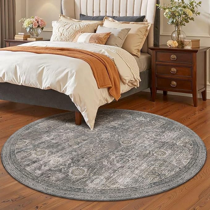 4ft Circle Rug, Soft Round Rug, Washable Non Slip Boho Area Rug for Living Room, Bedroom, Dining Room, Entryway, Round Rugs for Home, Patio, Office, Kids Room, Coral(Grey/Taupe)