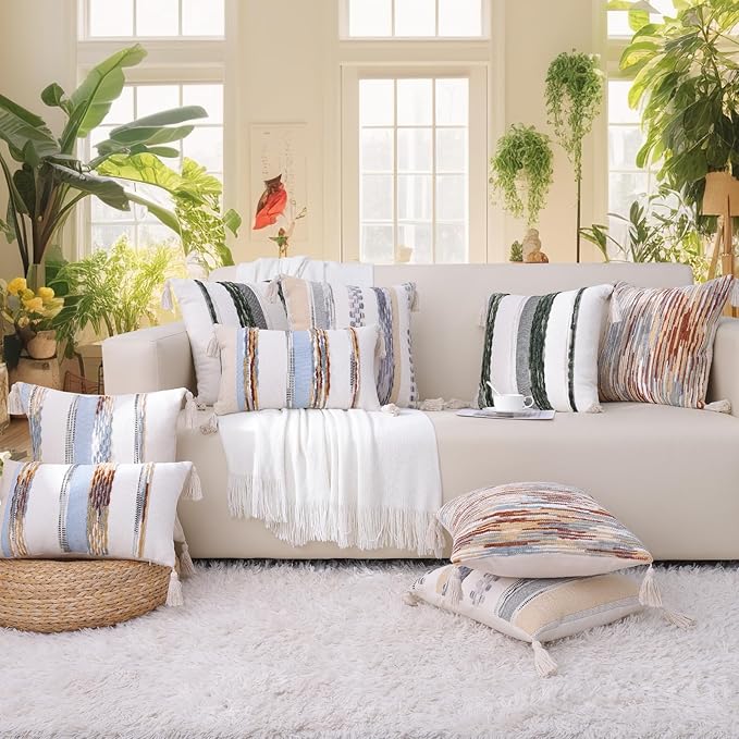 Simmore Boho Decorative Throw Pillow Covers 12x20 Set of 2, Tufted Farmhouse Pillow Covers with Tassels for Cozy Bohemian Couch Sofa Bedroom Home Decor, Blue