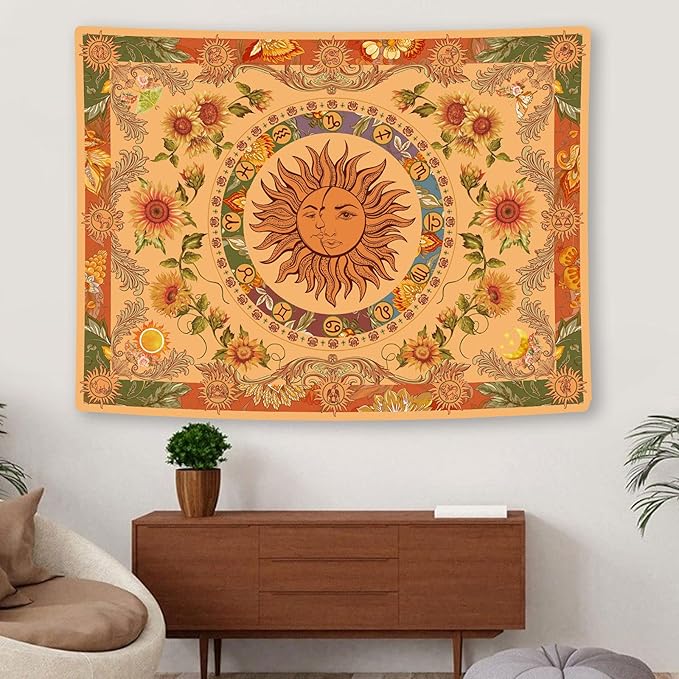 Accnicc Yellow Sun and Moon Tapestry Vintage Indie Boho Tapestry Wall Hanging with Sunflowers Butterfly Moth Constellation Aesthetic Wall Tapestries for Bedroom Dorm Living Room (Orange, 60'' × 50'')