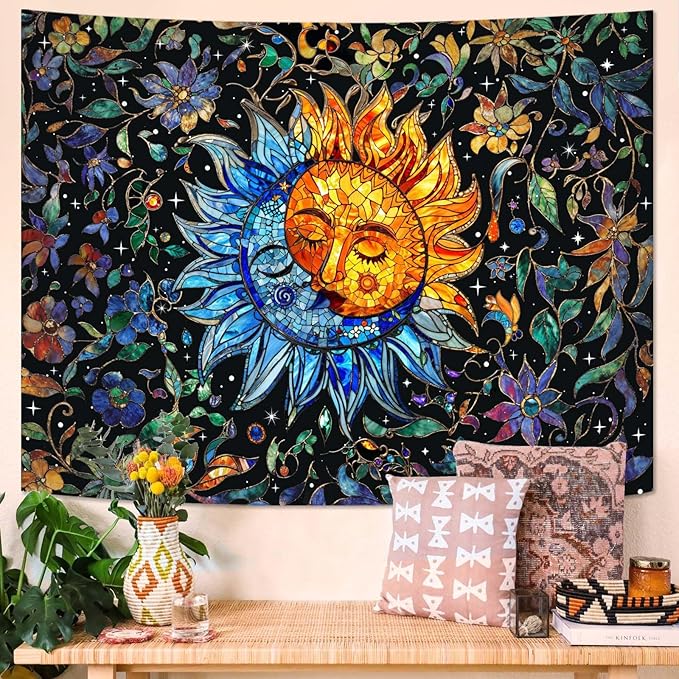 Accnicc Sun and Moon Tapestry Boho Hippie Floral Wall Tapestry for Bedroom Aesthetic Vintage Stained Glass Celestial Plant Extra Large Tapestries Wall Hanging for Living Room Dorm 90 x 68 Inch