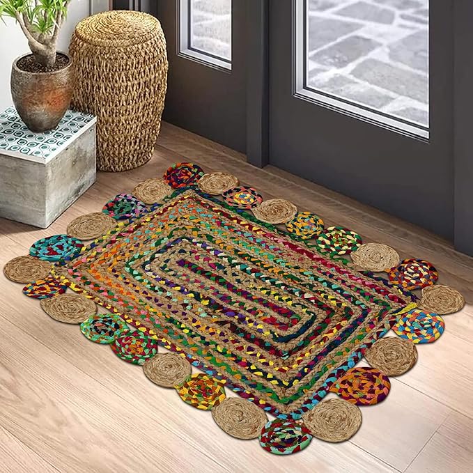 Square Area Rug - 3x3 Feet Multicolor Cape Code Chindi Cotton Jute Rug Geometric Kilim Rug Indoor Outdoor Use Carpet Flatweave Rugs for Bedroom Bedside Custom Mat Dining Table Mat
