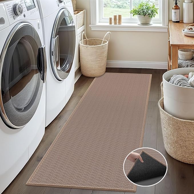 GOYLSER Washable Runner Rug with Rubber Backing, Absorbent Hallway Long Floor Runner Carpet, Laundry Room Mat Floor Runner, Light Brown