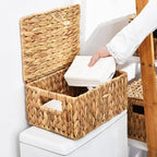 FairyHaus Wicker Storage Baskets with Lids, Set of 2, Natural Water Hyacinth, Rectangular, Large 13"x10"x7" & Small 11.2"x8.3"x5.7"
