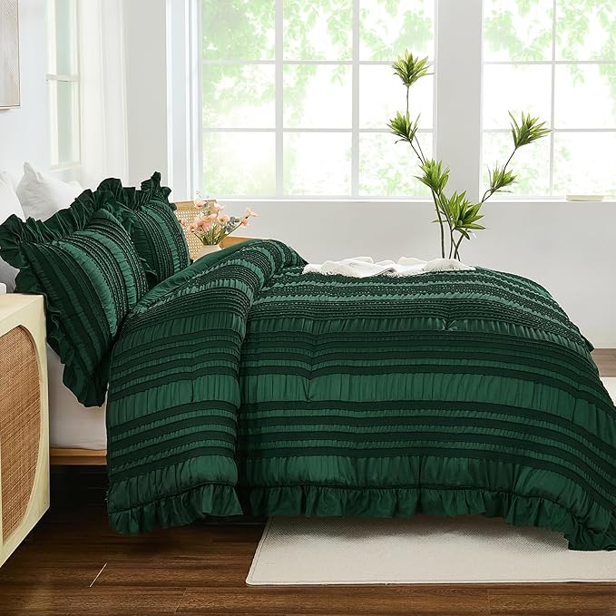 WONGS BEDDING King Size Comforter,Christmas Emerald Green Boho Comforter Set King,Shabby Chic Bedding Set for Bed, 3 Pieces Soft Lightweight Farmhouse Comforter for All Season 104"×90"