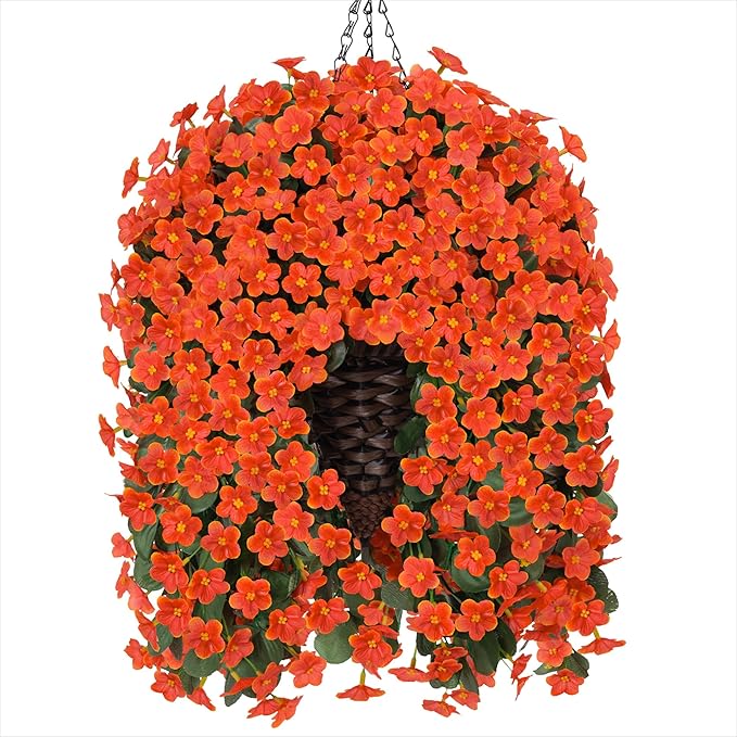 HyeFlora Artificial Fake Hanging Flowers Plants Baskets for Winter Christmas Outdoor Outside, Faux Silk Orange Daisy in Planter UV Resistant Orchid for Home Porch Garden Yard Patio Decor