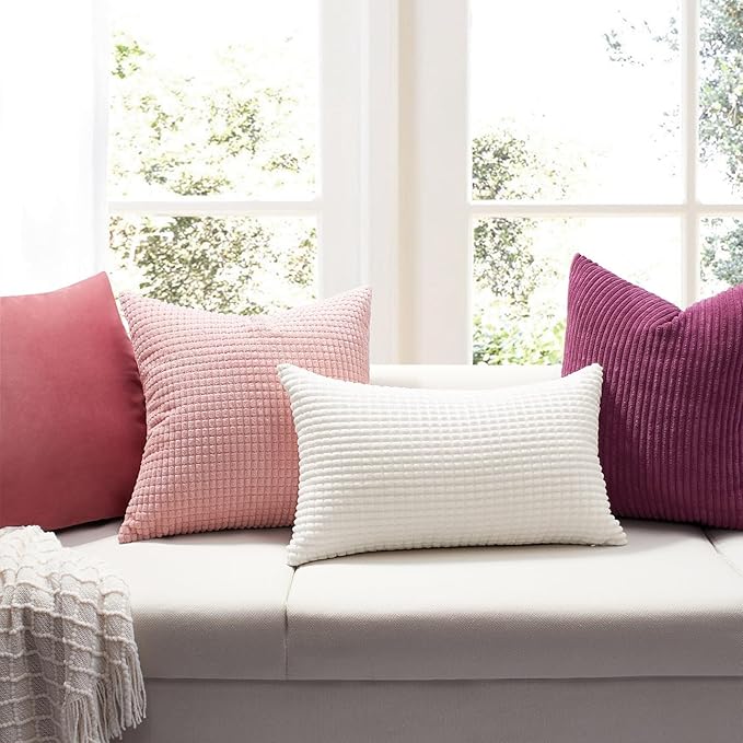 Softalker Throw Pillow Covers 18x18 Inch, Set of 2, Soft Corduroy Boho Stripe Decorative Pillow Cover, Couch Fluffy Pillow Cover for Farmhouse Home Decor Bed Living Room, Pink