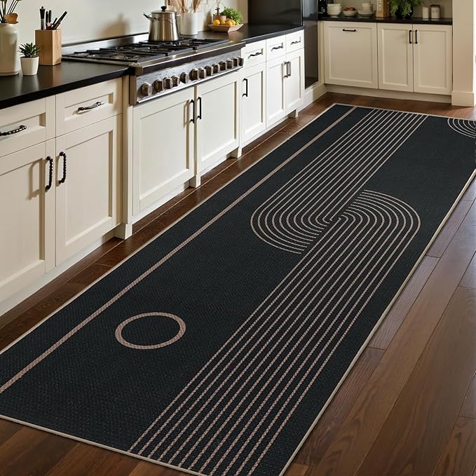 Tangsoo Easy Jute Rug 2x6 Washable Runner Rug for Hallways,Non-Slip Thin Outdoor Rug Runner,Modern Farmhouse Black Round Rainbow Carpet Runner for Porch Laundry Bedroom Kitchen Entryway