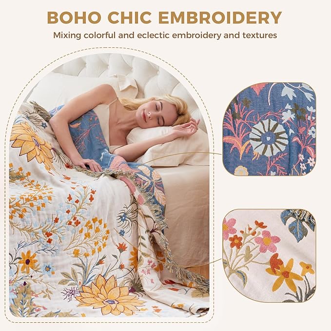 Boho Throw Blanket for Couch Sofa Chair Cotton Spring Breathable Blankets for Bedroom Living Room All Season Soft Lightweight Reversible Floral Embroidery Throws Home Decor 50"x60"