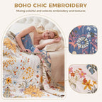 Boho Throw Blanket for Couch Sofa Chair Cotton Spring Breathable Blankets for Bedroom Living Room All Season Soft Lightweight Reversible Floral Embroidery Throws Home Decor 50"x60"