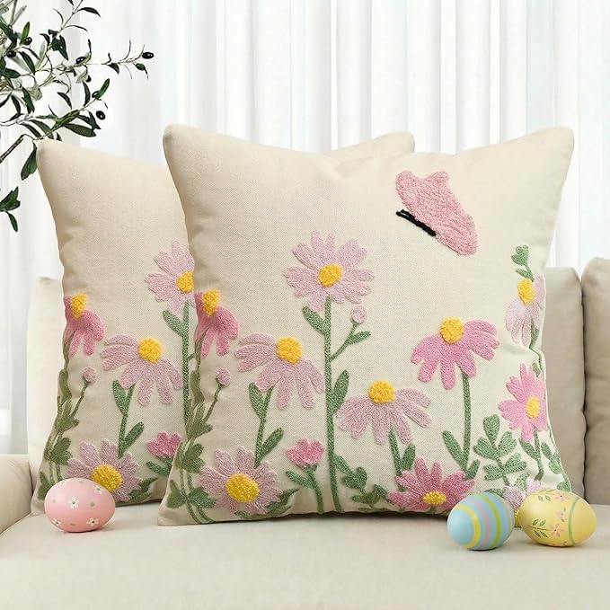 AVOIN colorlife Easter Spring Floral Embroidered Throw Pillow Covers, 18 x 18 Inch Butterfly Flowers Tufted Patterned Linen Decoration Cushion Case for Sofa Couch Set of 2