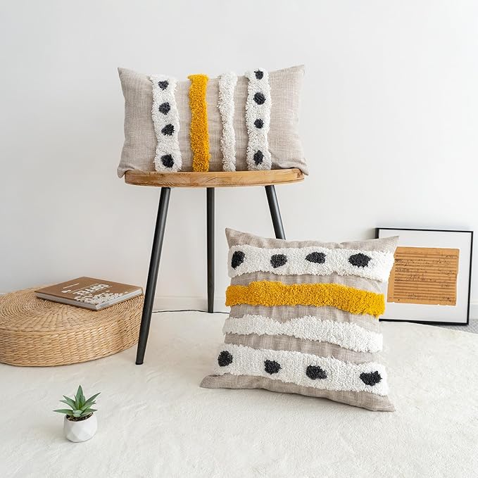 Boho Tufted Lumbar Throw Pillow Cover with Handwoven Stripes, Linen Cotton Simple Decorative Cushion Case for Couch Sofa, 1 PC (Beige Yellow, 12x20 inch)