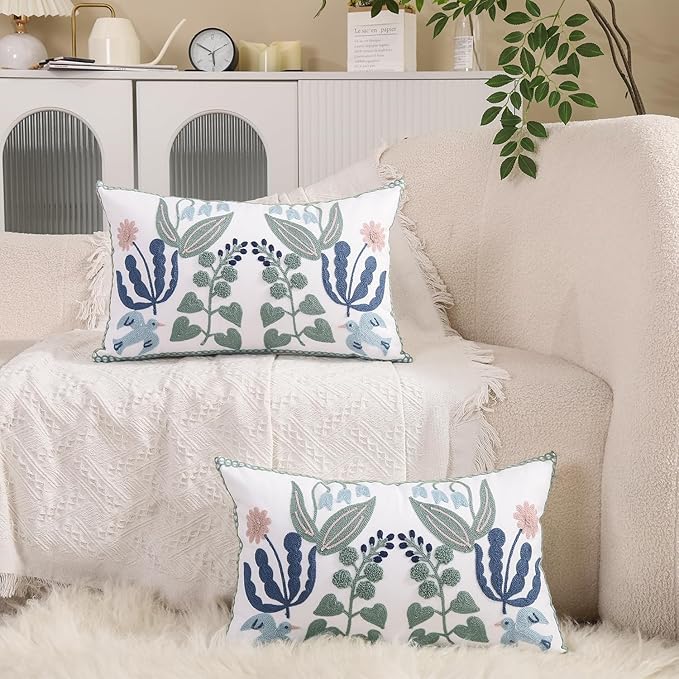 Tosleo Embroidered Pillow Covers 12x20 Set of 2 Green Leaves with Birds Floral Tufted Pillowcases Spring Summer Decorative Coastal Pillow Cushion Cases Lumbar Navy Blue Flower Pillow Case