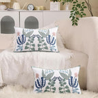 Tosleo Embroidered Pillow Covers 12x20 Set of 2 Green Leaves with Birds Floral Tufted Pillowcases Spring Summer Decorative Coastal Pillow Cushion Cases Lumbar Navy Blue Flower Pillow Case