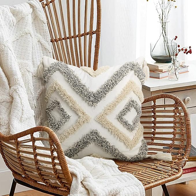Merrycolor White Grey Boho Pillow Covers 20x20 with Tassels Tufted Decorative Gray Throw Pillows Neutral Modern Accent Pillowcase Farmhouse Square Cushion Covers for Couch Sofa Bedroom Living Room