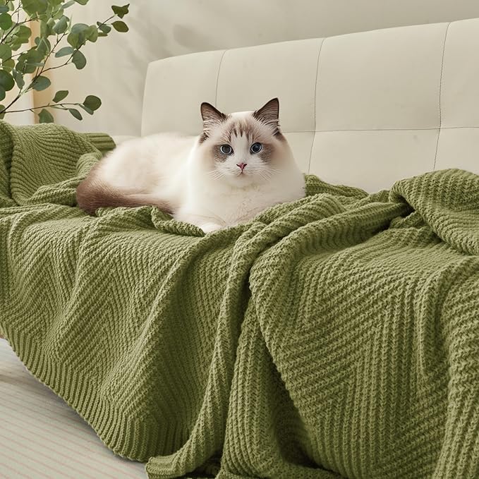 Knitted Throw Blanket 50"X60", Olive Green Knit Throws for Bed, Super Soft Boho Chevron Blankets for Couch Sofa Chair Room Decor, Textured Decorative Farmhouse Cozy Lightweight
