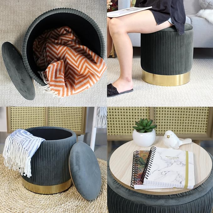 Round Ottoman with Storage Set of 2 Vanity Stool Foot Rest with Removable Lid for Bedroom Gray Velvet Storage Ottoman Coffee Table for Living Room and Dorm (Gray)