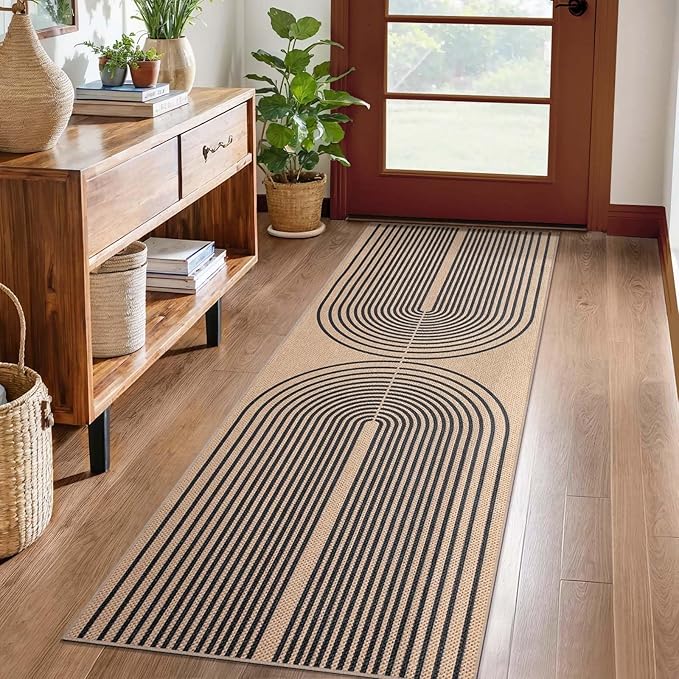 Tangsoo Rainbow Easy Jute Rug 2x6 Washable Runner Rug for Hallways,Non-Slip Thin Black Outdoor Rug,Modern Farmhouse Carpet for Porch Laundry Bedroom Living Room Entryway