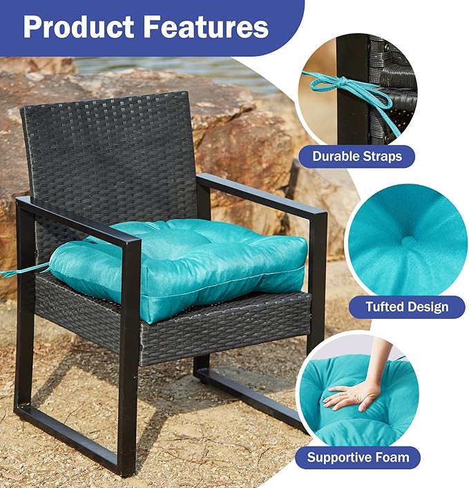 Outdoor Chair Cushions Set of 2, Patio Chair Cushions with Ties, 17x17+4” Tufted Outdoor Seat Cushions, Waterproof Patio Furniture Cushions, Outdoor Dining Chair Pads, Teal