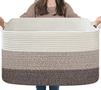 Goodpick Large Woven Storage Basket, 21.6"x14.9"x11.8", Blanket Storage for Bedroom and Living Room, Rectangle Rope Baskets for Storage, White Brown