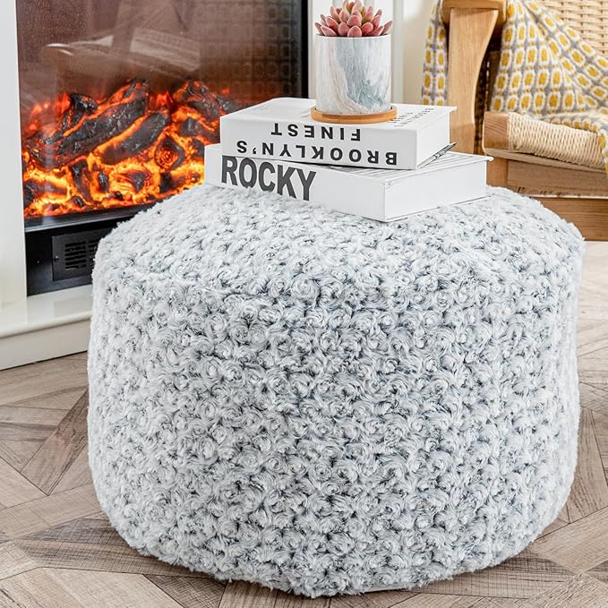 Asuprui Grey Pouf Ottoman Unstuffed Foot Rest 20x20x12 Inches Round Ottoman Pouf NO Filler Floor Poof Bean Bag Chair Foldable Floor Chair Storage for Living Room Bedroom Light Grey Cover ONLY