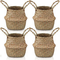 Qunclay 4 Pcs Woven Seagrass Baskets Belly Basket Folding Boho Natural Plant Pot with Handles Round Decorative Wicker Large Indoor Planter for Home Outdoor Tree Planters Decor (XXS,6.3''dx5.5''h)