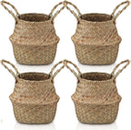 Qunclay 4 Pcs Woven Seagrass Baskets Belly Basket Folding Boho Natural Plant Pot with Handles Round Decorative Wicker Large Indoor Planter for Home Outdoor Tree Planters Decor (XXS,6.3''dx5.5''h)