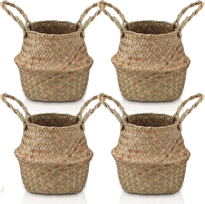 Qunclay 4 Pcs Woven Seagrass Baskets Belly Basket Folding Boho Natural Plant Pot with Handles Round Decorative Wicker Large Indoor Planter for Home Outdoor Tree Planters Decor (XXS,6.3''dx5.5''h)