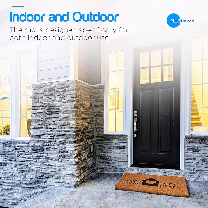 PLUS Haven Coconut Coir Home Entrance Door Mat – 17.5" x 30" | Open Door Open Heart Heavy-Duty Doormat for Indoor & Outdoor Use | Durable & Eco-Friendly