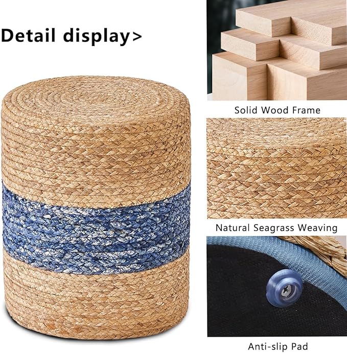 Wimarsbon 2Pcs Pouf Ottomans, Natural Seagrass Foot Stool, Hand Weaving Round Ottoman, Boho Decorative Seat, Jute Braided Pouffe Poof Accent Sitting Footrest for Living Room (Blue-2)