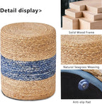 Wimarsbon 2Pcs Pouf Ottomans, Natural Seagrass Foot Stool, Hand Weaving Round Ottoman, Boho Decorative Seat, Jute Braided Pouffe Poof Accent Sitting Footrest for Living Room (Blue-2)